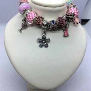Stunning Pink and Silver Snake Chain Bracelet with Charms